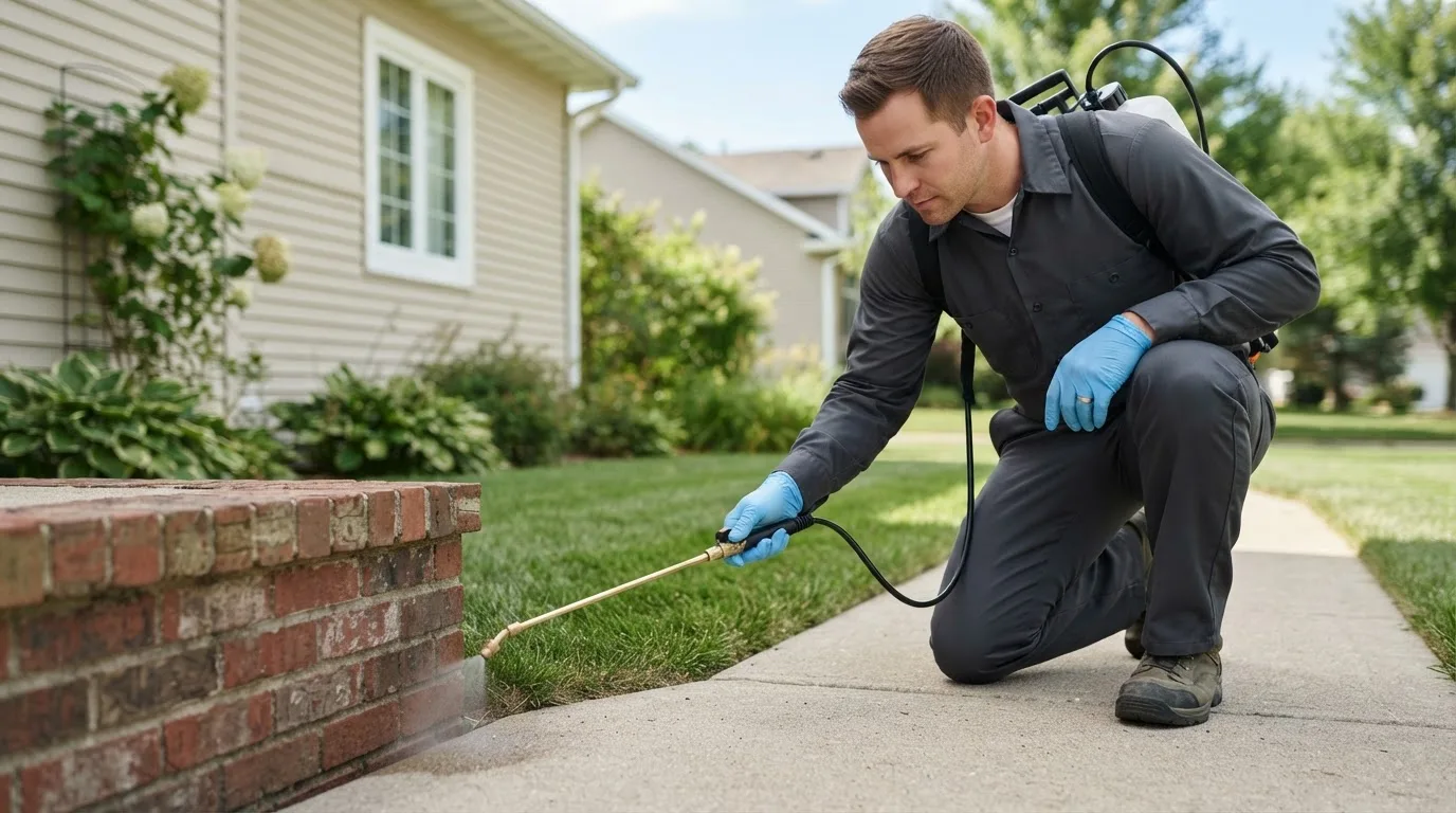 Pest control technician treating a home near Pensacola, FL